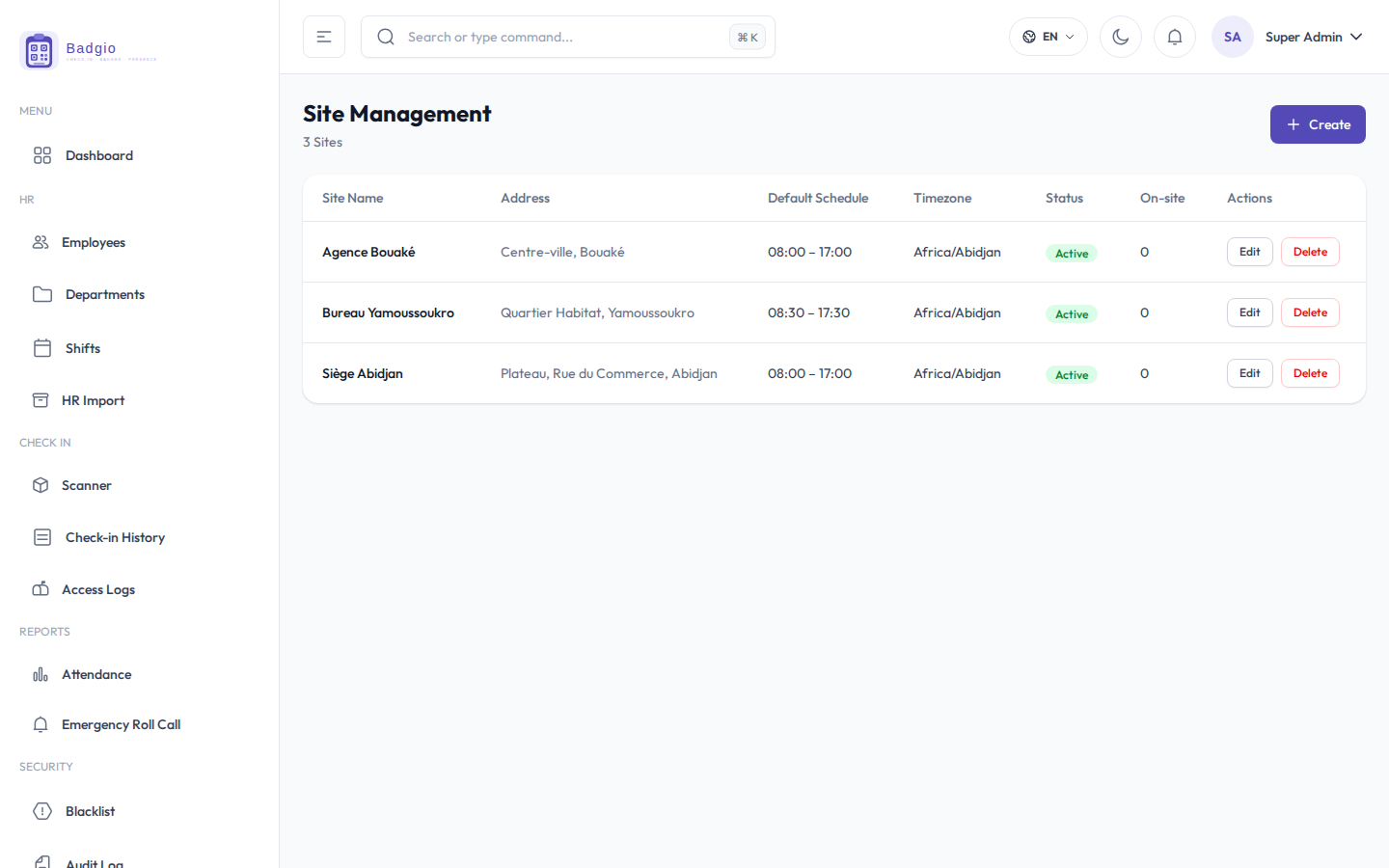 Gestion des sites Badgio