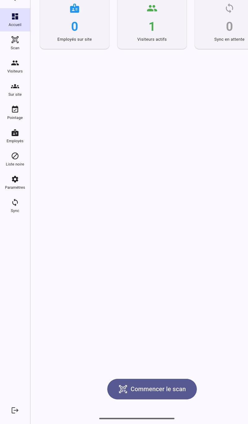 Tableau de bord Badgio avec compteur de synchronisation hors connexion