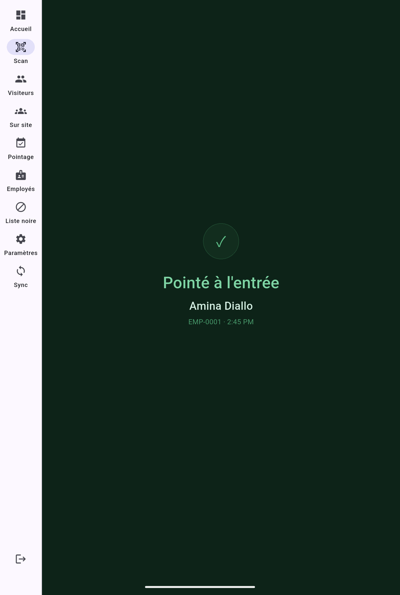 Confirmation de pointage QR sur tablette Badgio